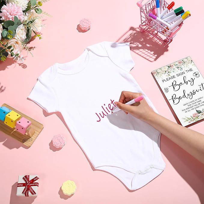 Qunclay 12 Pcs Baby Shower Game Decor with White Unisex Bodysuit Wooden Sign Tabletop Decor and Marker for Guests(Floral)
