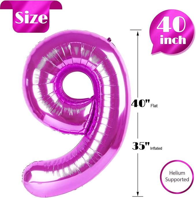 Rosy Purple Number 9 Balloon 40 Inch, 9 Balloon Number, 9th Birthday Decorations, Rosy Purple Party Supplies for Boys Girls