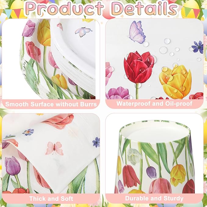 Havawish 350 Pcs Spring Floral Party Supplies Tulip Disposable Tableware Set Wild Flowers Butterflies Oval Paper Plates Cups Napkins Fork Knife Spoon Dinnerware for 50 Guests Spring Table Decorations