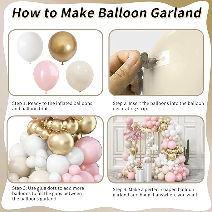 Pink Beige Gold Balloon Garland Arch Kit, 109 Pieces Blush Pastel Pink Peach Pink Gold Beige White Sand Latex Balloon Garland Kit for Girls Women Birthday Baby Bridal Shower Wedding Party Decorations