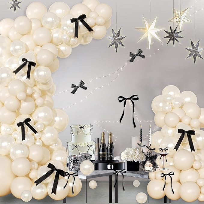 White Sand Balloon Arch Kit 141 Pcs Pearl White Balloons Garland Arch Kit Sand White Balloons and Black Bow for Coquette Birthday Wedding Baby Shower Bridal Shower Balloon Arch Decorations