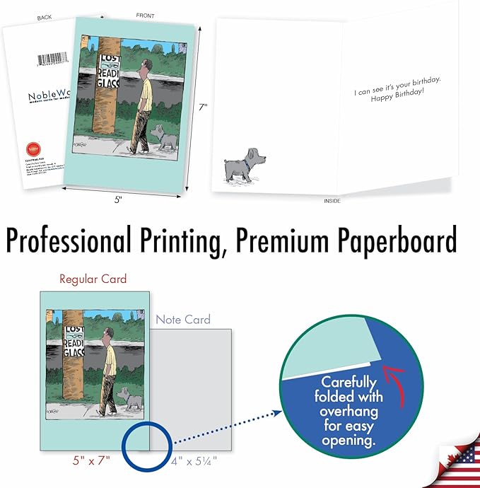 NobleWorks - 1 Humor Birthday Card with Envelope - Funny Cartoons for Birthday Greetings, Celebration Notecard - Lost Reading Glasses C3277BDG