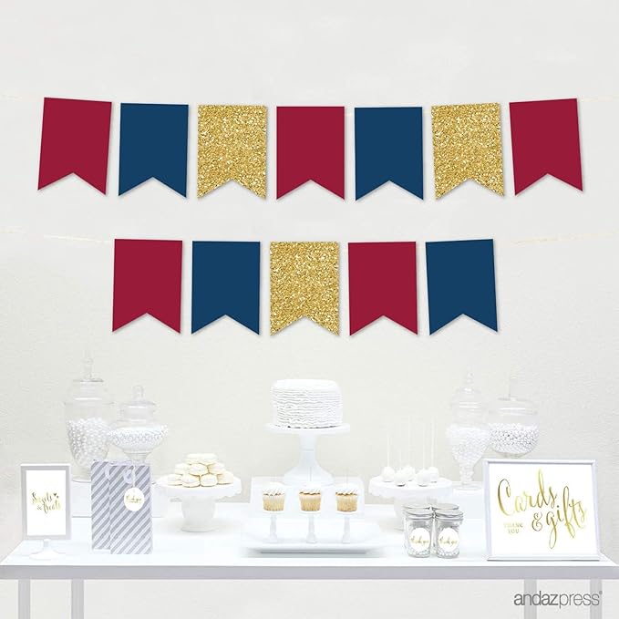 Andaz Press Hanging Pennant Banner with String, Burgundy, Navy Blue, Faux Gold Glitter, 1-Set, 24 Pennants, Approx. 12-Feet Long, Jewel Autumn Theme Colored Supplies