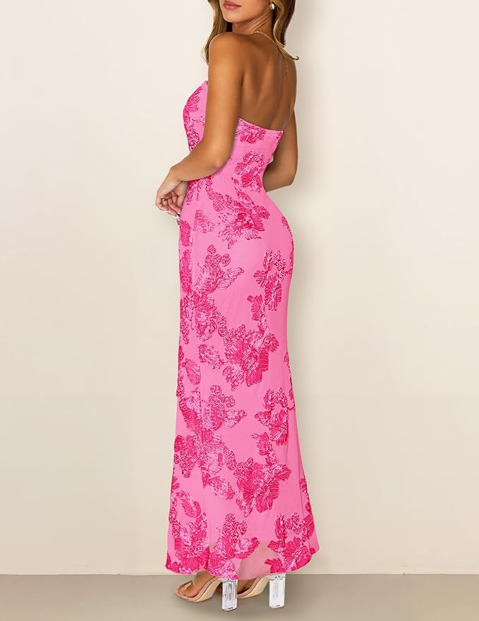 MEROKEETY Women's Floral Strapless Maxi Dress 2026 Summer Mesh Tube Bodycon Formal Wedding Guest Cocktail Party Long Dresses