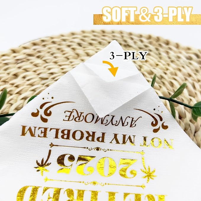 Retired 2025 Cocktail Napkins, 50 Pack 3-Ply Retirement Party Decorations Supplies, Gold Foil Disposable Napkins for Farewell,Coworker Goodbye & Going Away Celebration (5"x5")