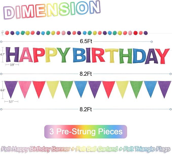 Pre-Strung Happy Birthday Banner & Felt Garland Set - Pastel Birthday Decorations for Women Girls | Reusable Party Supplies for Indoor & Outdoor