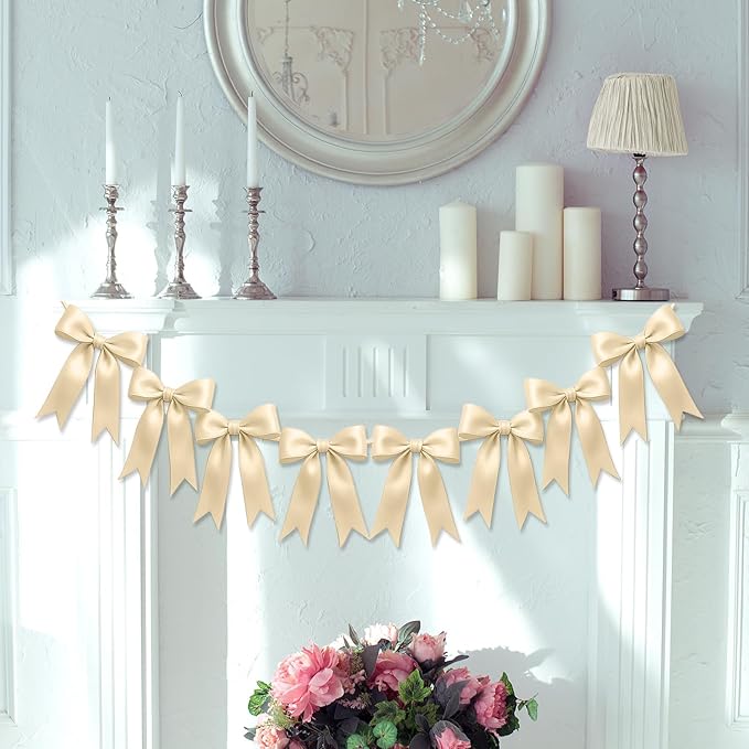 2 Strings of 16PCS Champange Bow Garlands Banner Decoration,Pre-Strung Satin Ribbon Ornaments for Birthday,Bachelorette Party,Bridal Shower,Wedding,Engagement,Baby Shower,Graduation Decor,Anniversary