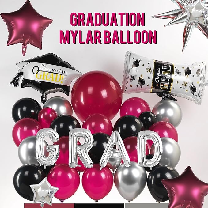 Black Maroon and Silver Balloon Garland Arch Kit 130+ Pieces with Maroon and Silver Stars, Graduation Certificate Graduation Cap GRAD Letters Mylar Balloons for 2026 Graduation Prom Decorations