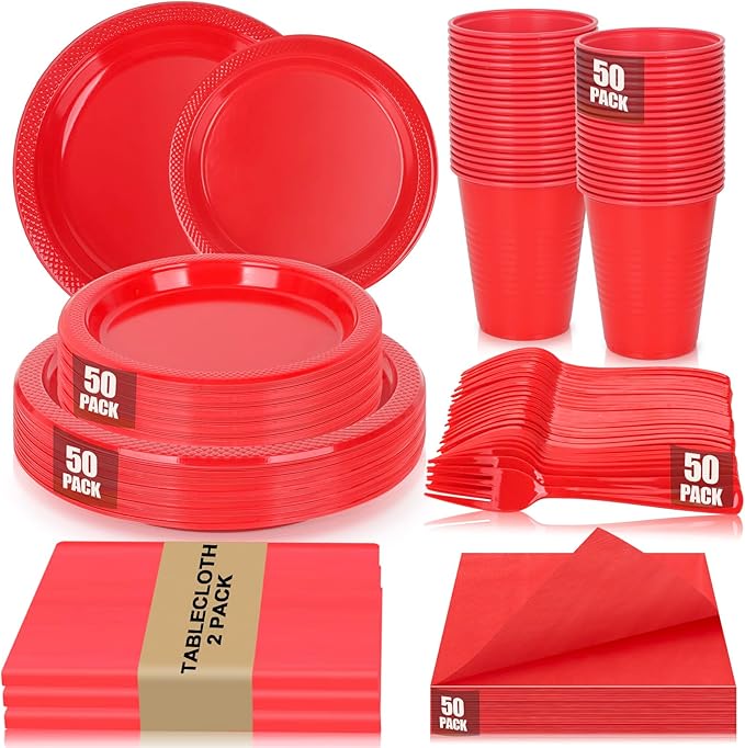 Red Plastic Plates Tableware Set - 50 Guest - 7&9inch Plates,Napkins,Forks,Cups & Tablecloths,Disposable Party Supplies for Birthday,BBQ,Christmas
