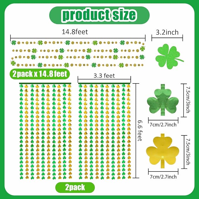 St Patricks Day Decorations Shamrock Foil Fringe Curtains Green Shamrock Garland Clover Tinsel Curtain Photo Booth Prop St Paddy's Day Garland Hanging Streamers Backdrop for Irish Party Decor