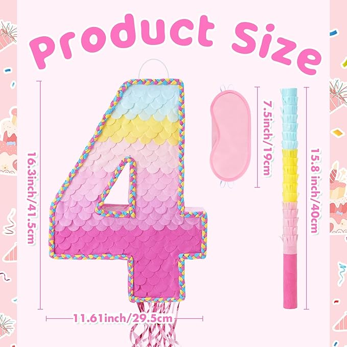 WERNNSAI Pink Sweet Four Piñata - Number 4 Piñata Happy Birthday Decoration Pink Rainbow Design Party Games for Girl Princess Baby Shower Party Favor with Blindfold Anniversary Celebration Supplies