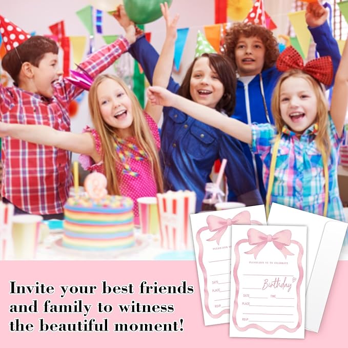 Pink Bow Birthday Invites Cards Party Invitation Cards for Girls Kids Adults Party Invitations 4x6 Inch Blank Invitations with Envelopes 20 Pcs Double Sided Invitation Card for Girls Birthday YT0081