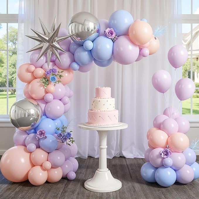 Pastel Balloon Arch Garland Kit with Macaron Blue Purple Orange Balloons Silver Star Foil Balloon for Birthday Baby Shower Wedding Party Decorations