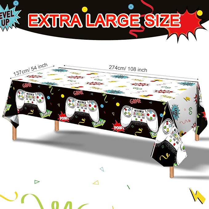 Tatuo 3 PCS Video Game Table Cover, Game Theme Birthday Decoration Plastic Table Cloth Party Supplies for Boys Girls Kids Player Geek Party Decorations, 54 x 108 Inch (Cool Black)