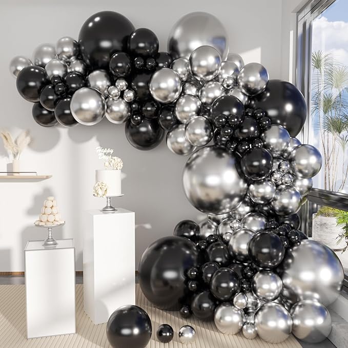 Black Silver Balloons Garland Arch Kit, 146Pcs Latex Balloons Different Sizes 18 12 10 5 Inch for Party Decorations, Wedding Backdrop, Birthday, Graduation