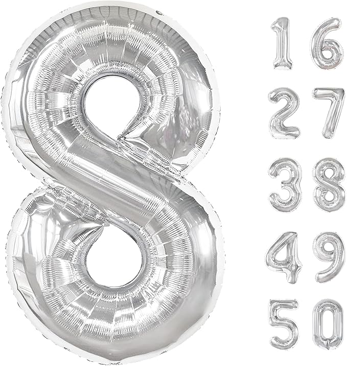40 Inch Silver 8 Number Balloons Jumbo Mylar Foil Helium Balloon for 18 28 38 Birthday Digital Silver 80th Birthday Anniversary Party Decorations Supplies