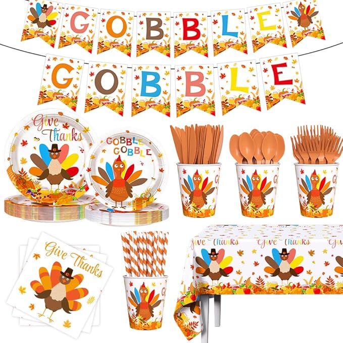 194Pcs Thanksgiving Party Tableware Decorations Supplies Turkey Paper Plates and Napkins Dinnerware Sets Thanksgiving Disposable Plates Set with Napkins and Tablecloth Serves 24