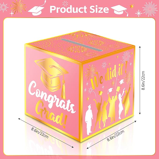 Graduation Card Box Holder, Congrats Grad Foldable Cardboard Decorations Box for Graduation Party Favors Decor Party Supplies (Pink Gold)
