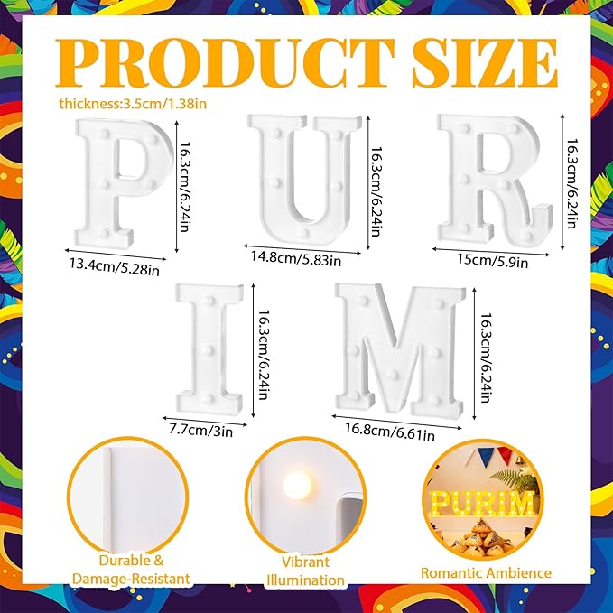 Honoson 5 Pcs Happy Purim Party Decorations Purim Light up Neon Lights Sign for Jewish Carnival Party Indoor Outdoor Table Wall Decorations Activity Supply
