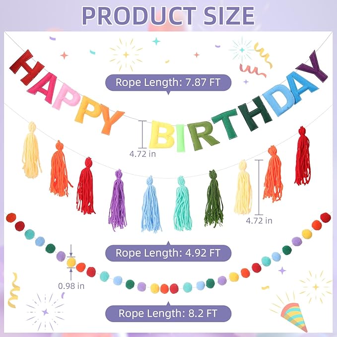 Pre-Strung Happy Birthday Banner Rainbow Decorations Felt Ball Garland Happy Birthday Sign for Party Decorations Unicorn Party Decor (Rainbow)
