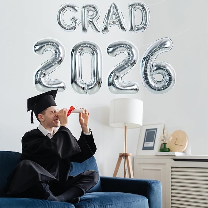 TONIFUL Graduation Balloons 16 Inch Silver Grad Balloons 40 Inch Silver Large Number 2026 Foil Balloons for 2026 Graduation Party Graduate Congratulations 2026 Congrats Grad Decorations