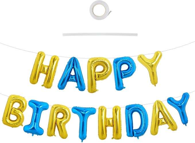 TONIFUL Happy Birthday Balloons with Ribbon Straw, 16 Inch Mylar Letters Birthday Sign Banner Bunting Reusable for Girls Boys Kids & Adults Party Decorations Supplies（Gold Blue）