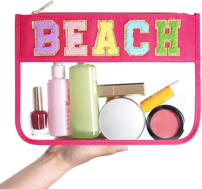 Chenille Letter Bag, Multi-purpose Nylon Clear Makeup Cosmetic Bags Flat Pouches with Zipper for Travel, Gym, Beach (Rose Red-Beach)