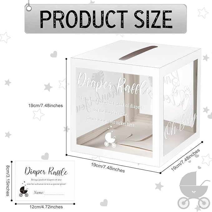 Funrous 51 Diaper Raffle Tickets with Box for Baby Shower Game Invitations Diaper Raffle Card for Gender Reveal Baby Shower Party Decoration Table Centerpiece(Clear White)