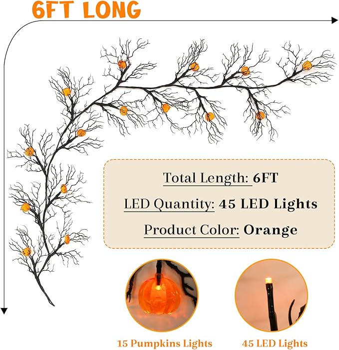 Joyhalo Halloween Garland with Lights Decorations with Pumpkin Lights,Battery Operated 6FT 47 LED Halloween Willow Vine Twig Garland for Mantle,Wall,Fireplace and Halloween Decorations