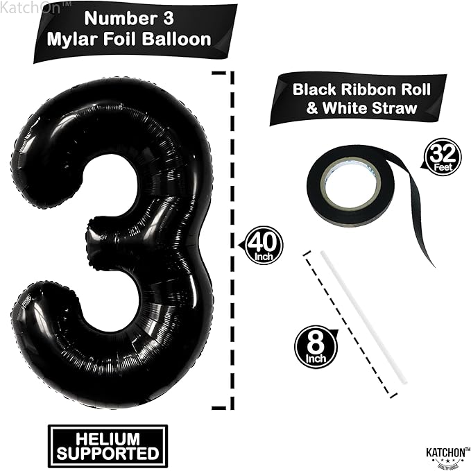 KatchOn Black Number 3 Balloon - Giant, 40 Inch | 3rd Birthday Decorations for Boys