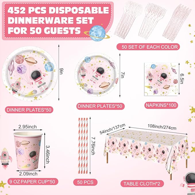 452 Pcs Pink Space Birthday Decorations for 50, Star Astronaut Paper Plates Napkins Cups Moon Tablecloth Cutlery Straws for Planets Solar System Baby Shower Party Supplies Decorations