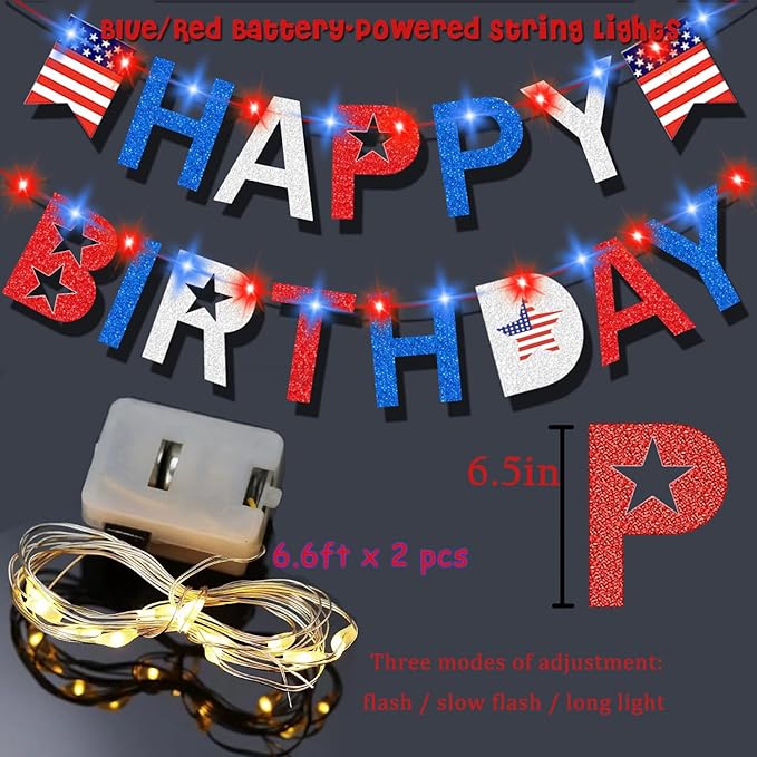 4th of July Birthday Banner with light, Happy Birthday Banner with Battery Operated Fairy String Light, 4th of July Independence Veterans Day Party, Glitter US Star Red White Blue Decorations
