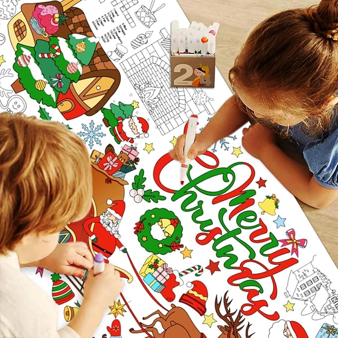 JUNQIU Christmas Coloring Tablecloth for Kids, 72 x 31Inches Giant Coloring Poster Banner - Christmas Crafts, Activities for Kids, Paper Color Tablecloths