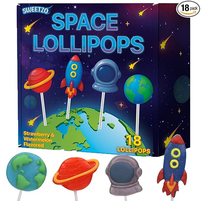 Space Lollipops, Galaxy Themed Birthday Party Treats, Individually Wrapped Candy Rocket, Earth, Saturn & Astronaut Suckers, 18 Pieces