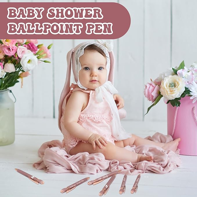 Jspupifip 50 Pcs Baby Shower Pens with Stylus Tip Metal Retractable Baby Shower Pens Girls Black Ink Baby Pens Bulk It's a Girl Pens for Baby Shower Favors Guests School Supply (Rose Gold)