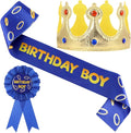 Norme 3 Pcs Blue with Gold Ring Birthday Sash King Crown and Button Pin Blue Golden Rings Cartoon Themed Birthday Party Accessory Set for Party Supplies Favors