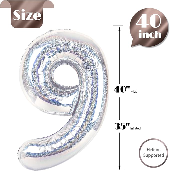Laser Silver 9 Balloon, Number Balloons 40 Inch, 9th Giant Birthday Decorations for Girls,19th 29th Party Decorations Supplies, Number 9 Balloon