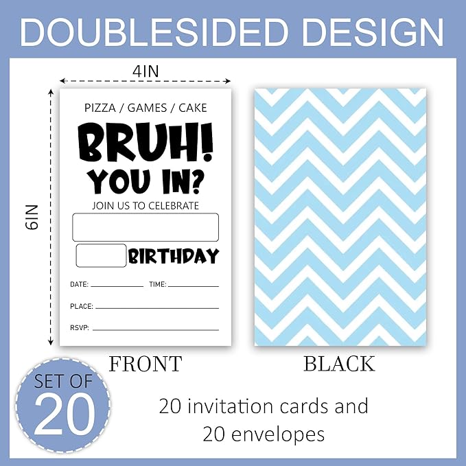 Bruh Birthday Invitations, Simple Style Party Invitations for Boy Girls Adults, 20 Count Cards & Envelopes, Birthday Party Supplies & Decorations, 4x6