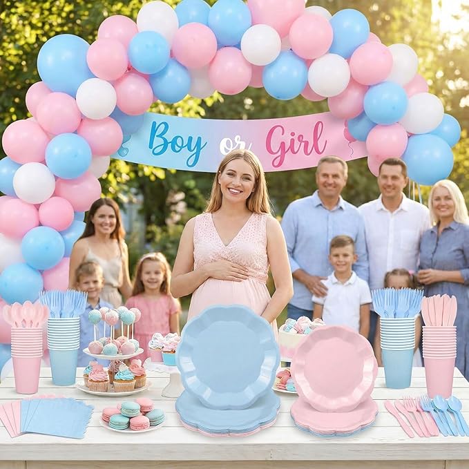 350 Pcs Baby Gender Reveal Party Supplies Include Scalloped Plate Napkin Cup Forks Knives, Light Pink and Light Blue Plastic Cutlery 50 Guest Disposable Party Tableware Set for Baby Shower