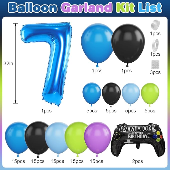 7th Birthday Video Game Balloons Arch, 7th Party Balloons Garland Kit 7th Birthday Supplies with Blue Number 7 Balloon Game Foil Balloons for 7 Year Old Teens Boys Decor