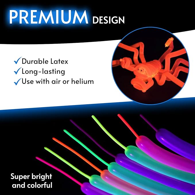 Glow King Neon Tying Balloons - Fluorescent Neon Glow Party Balloons for Tying Balloon Animals - Blacklight Reactive Party Supplies - Neon Party Decorations for Black Light Parties - (75)