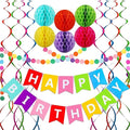 Happy Birthday Banner, Rainbow Birthday Banner, 6 Honeycomb Balls, 8 Metallic Hanging Swirls and Circle Parper Garland, Happy Birthday Decorations for Girls Women men Party Decorations