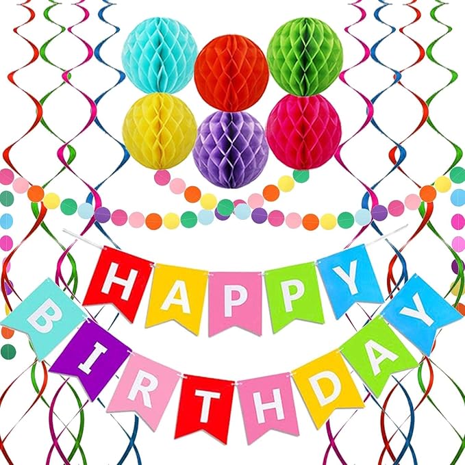 Happy Birthday Banner, Rainbow Birthday Banner, 6 Honeycomb Balls, 8 Metallic Hanging Swirls and Circle Parper Garland, Happy Birthday Decorations for Girls Women men Party Decorations