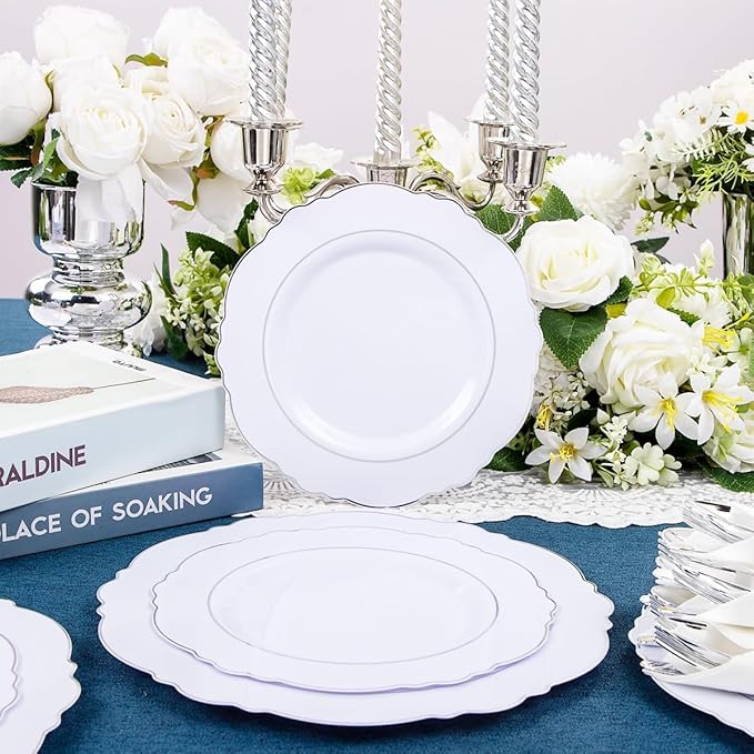 Liacere 350PCS Silver Plastic Plates-Disposable White and Silver Plates 50guest Baroque Plastic Dinnerware Set include 100Plates, 50Pack Pre Rolled Napkins with Silverware 50Cups Perfect for Christmas