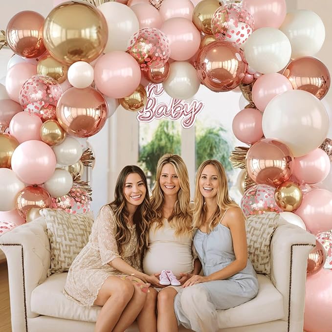 Rose Gold Pink Balloon Arch Kit, Double Stuffed Pearl White Rose Gold Metallic Light Pastel Pink Balloons Garland Kit for Birthday Bridal Shower Wedding Party Decorations