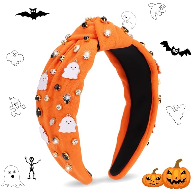 Halloween Headbands for Women, Orange Ghost Rhinestone Wide Jeweled Knotted Headband, Crystal Beaded Jeweled Top Knot Embellished Headband Hair Accessories Halloween Birthday Gift