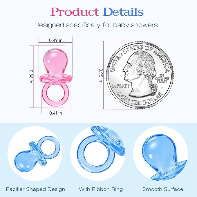 Mini Pacifiers for Baby Shower Game, 150 Plastic Pacifiers for Baby Shower Decoration, Cute Baby Shower Pacifiers, Gender Reveal Party Table Scatter/Hunt Baby Shower Game Props(75 Blue + 75 Pink)