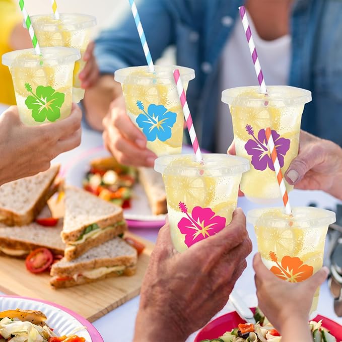 Whaline 60Pcs 12 Oz Hibiscus Floral Disposable Plastic Cups with Lids and Straws Colorful Summer Hawaiian Flower Cold Beverage Drinking Cups for Beach Tropical Luau Party Supplies