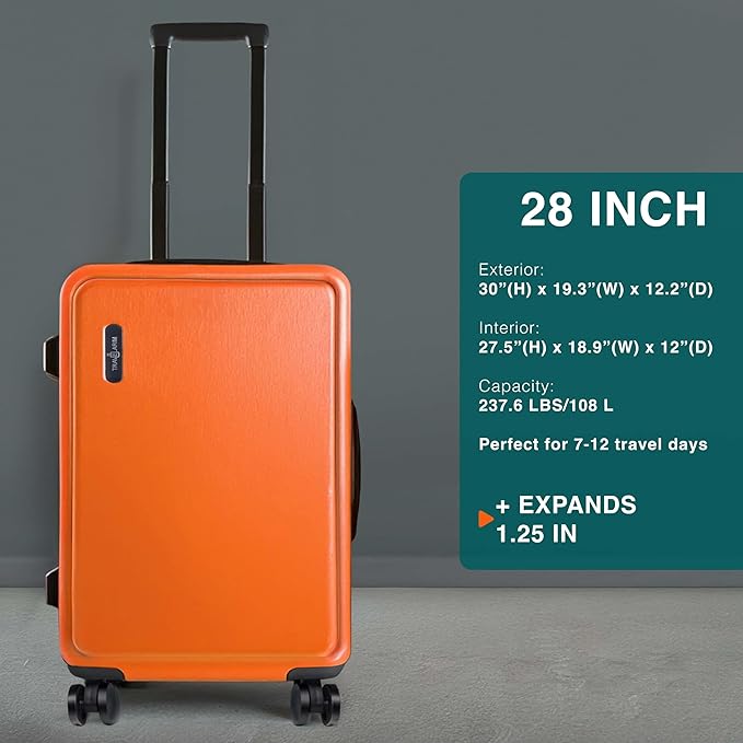 TRAVELARIM Luggage Sets 3 Piece, 20 Inch Carry on Luggage and 28 Inch Suitcases with Wheels Spinner, Durable Hard Shell Suitcase Set, Expandable Travel Suitcase, Orange