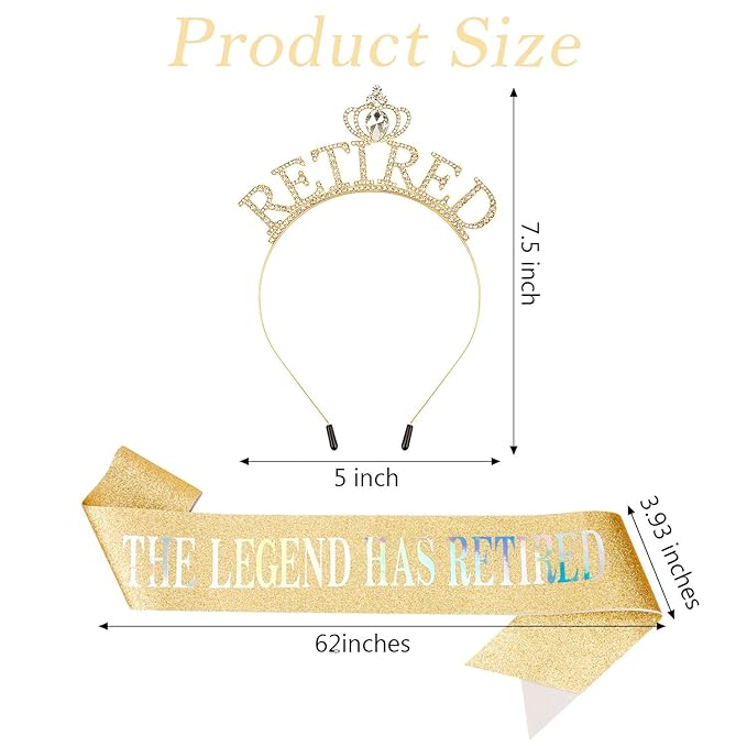 SuPoo Retirement Sash for Women Gold Retired Headband Tiara Retirement Gifts The Legend Has Retired Sash Crown Elegant Retirement Party Decorations Party Supplies